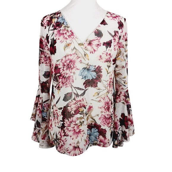 White House Black Market Size 6 Floral Top, Long Sleeve, Back w/ Draping, Boho - Picture 4 of 16
